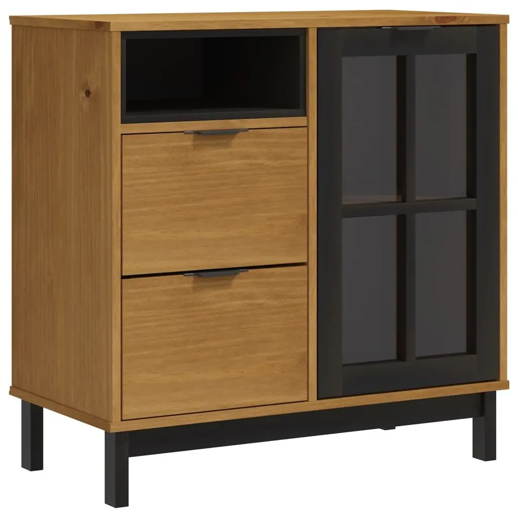 Highboard Storage Cabinet Glass Doors Shelves Drawers Solid Pine Wood 80W x 40D x 180H cm Brown