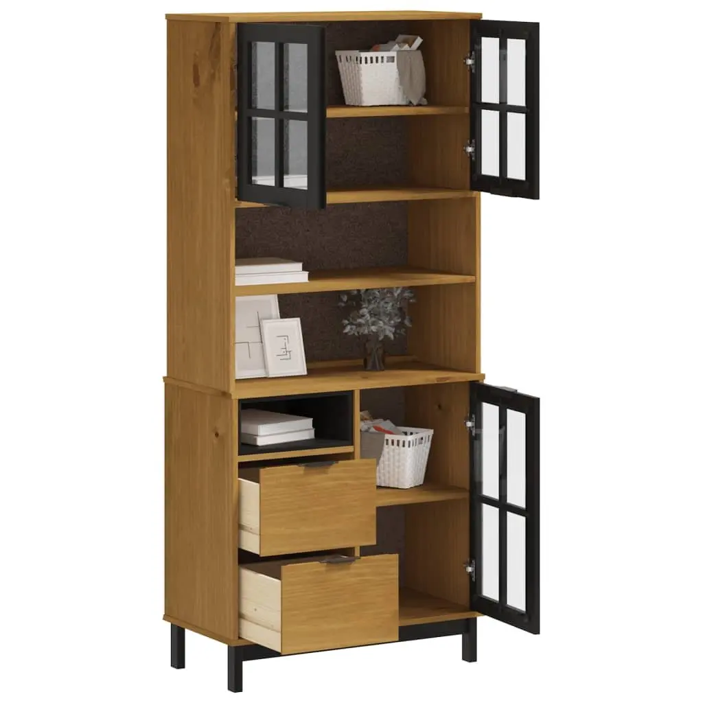 Highboard Storage Cabinet Glass Doors Shelves Drawers Solid Pine Wood 80W x 40D x 180H cm Brown