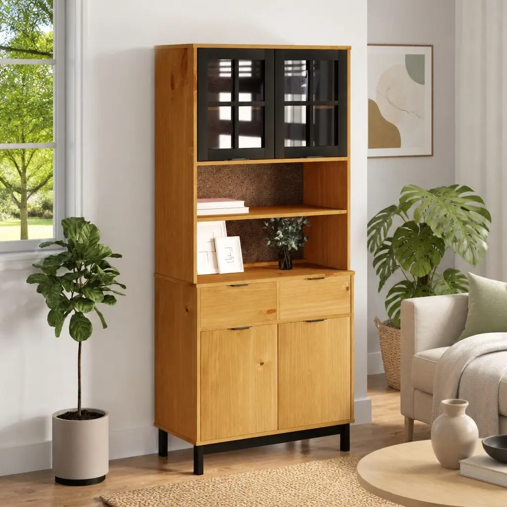 Highboard Brown Solid Wood Storage Cabinet with Glass Doors Shelves Drawers