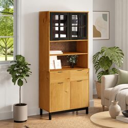 Rustic Brown Solid Wood Highboard with Glass Doors