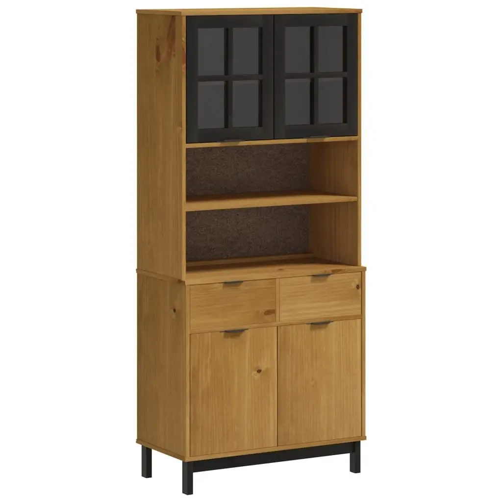 Highboard Brown Solid Wood Storage Cabinet with Glass Doors Shelves Drawers