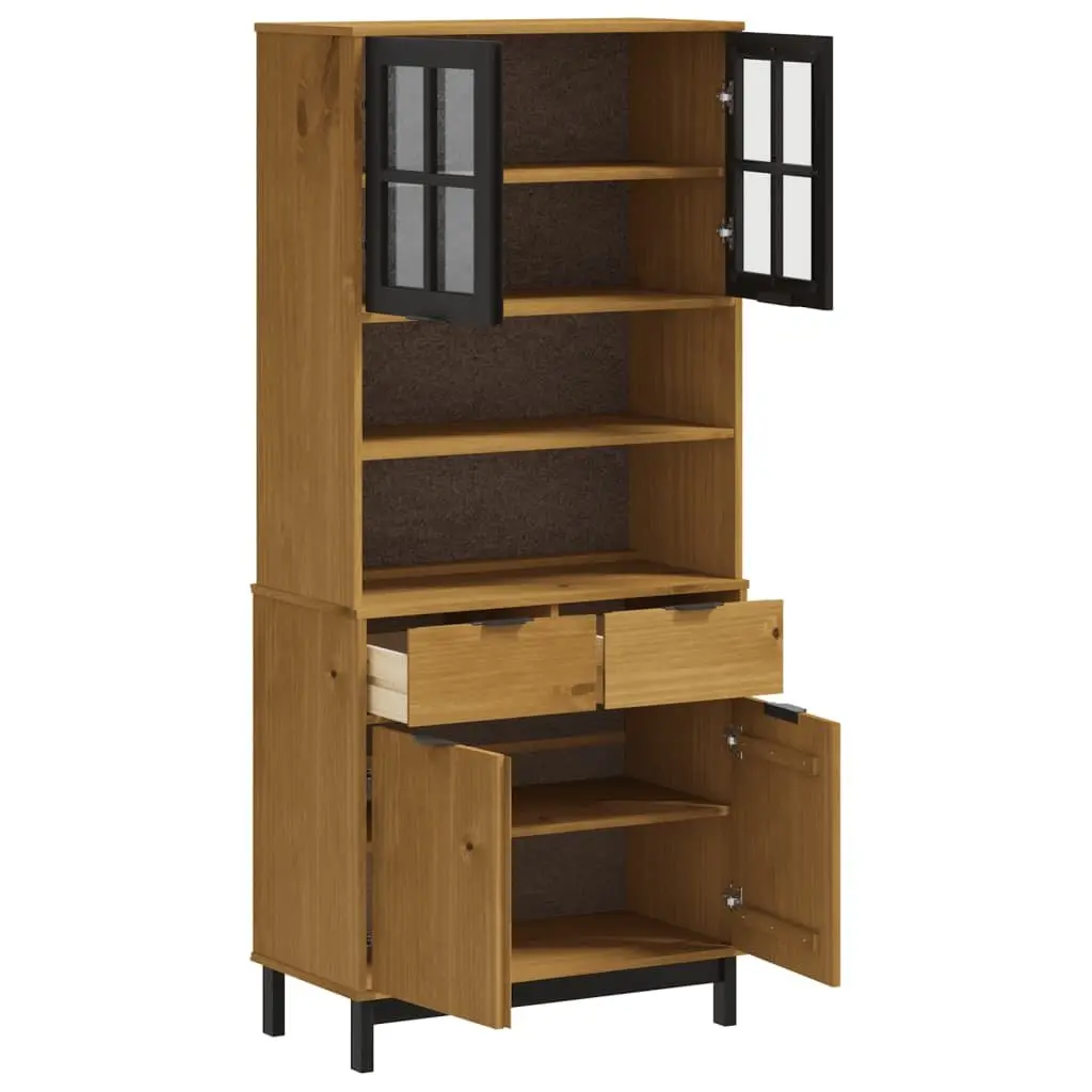 Highboard Brown Solid Wood Storage Cabinet with Glass Doors Shelves Drawers
