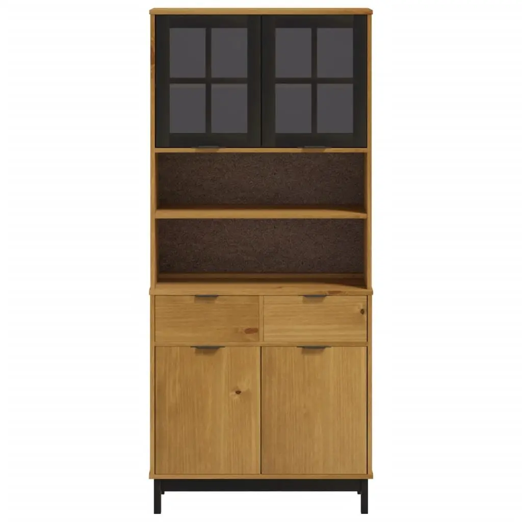 Highboard Brown Solid Wood Storage Cabinet with Glass Doors Shelves Drawers