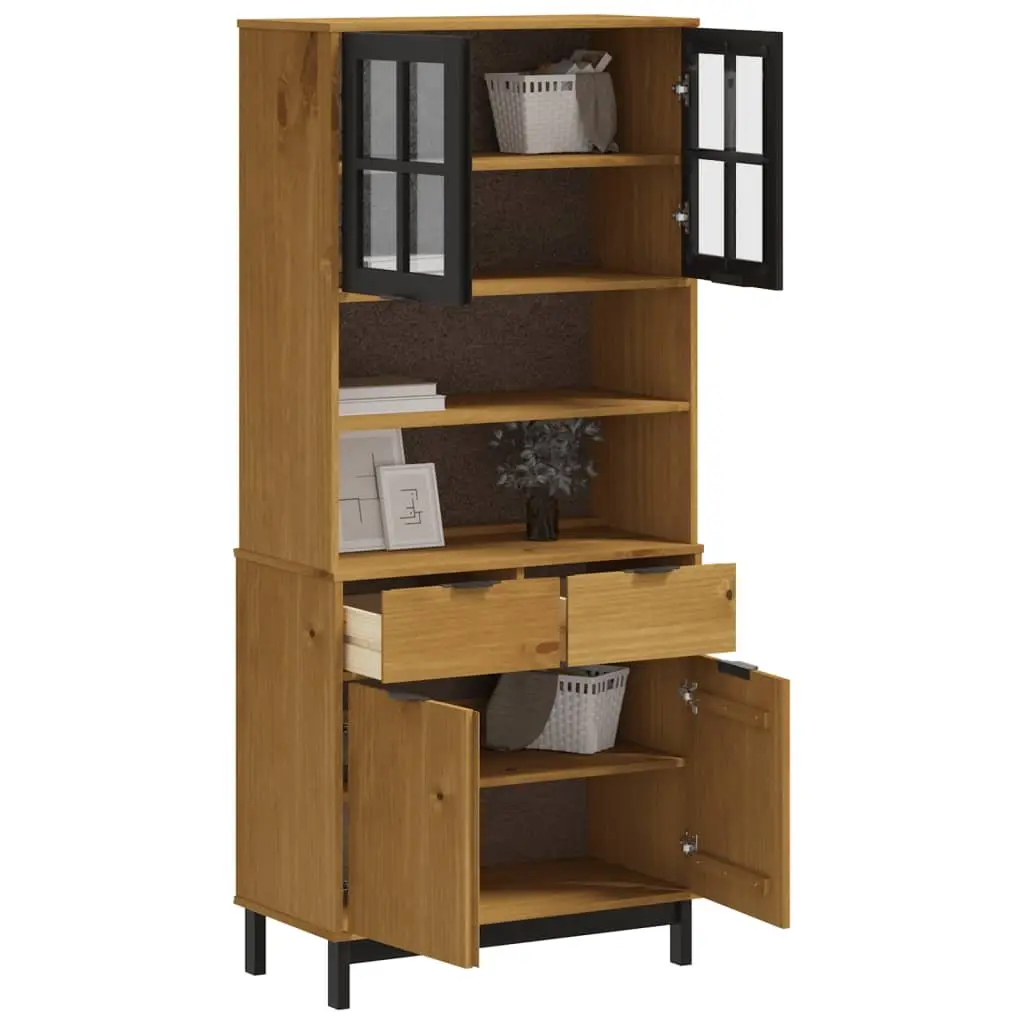 Highboard Brown Solid Wood Storage Cabinet with Glass Doors Shelves Drawers