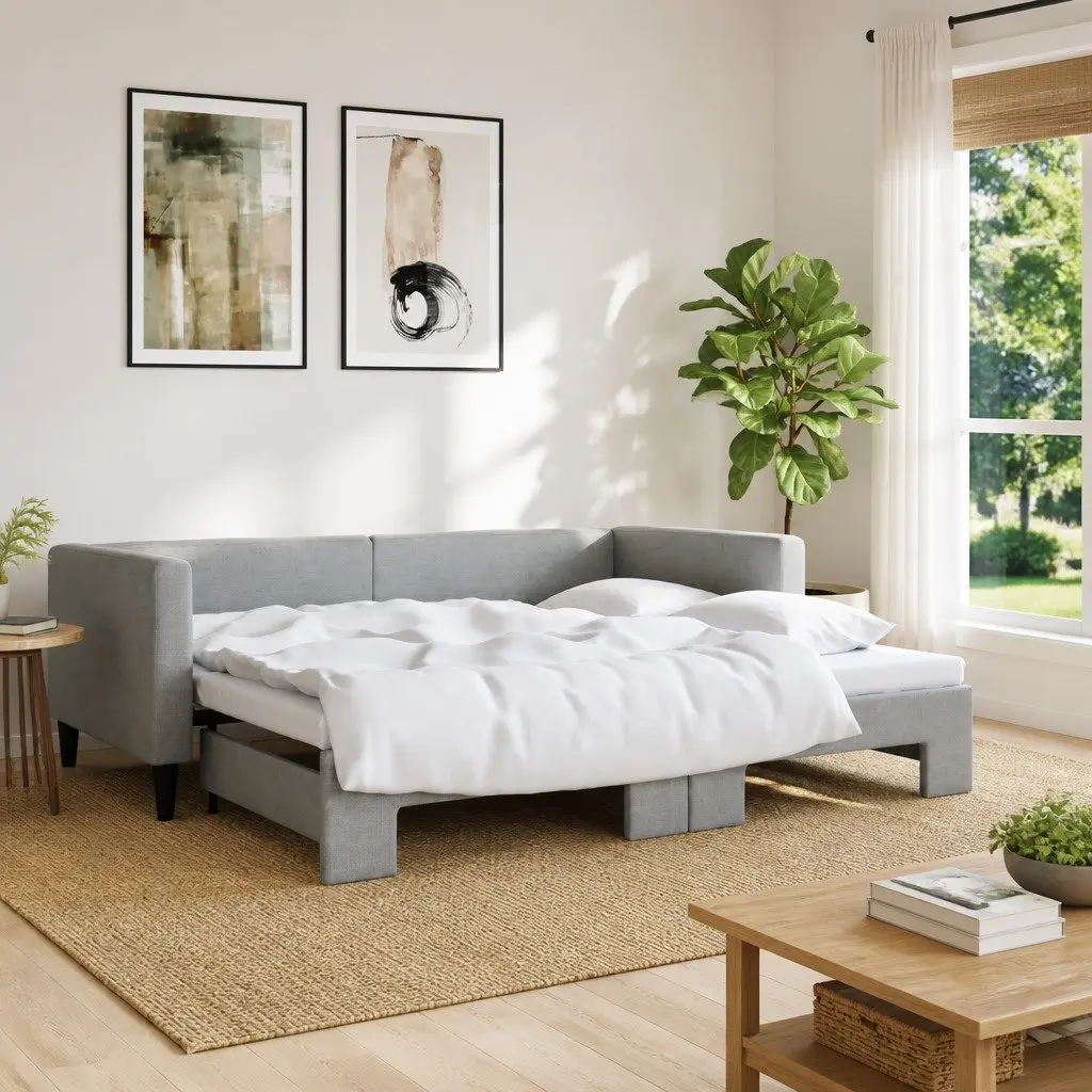 Daybed Sofa Bed Grey 90x190 cm Fabric Upholstery Wooden and Metal Frame 2-in-1 with Trundle