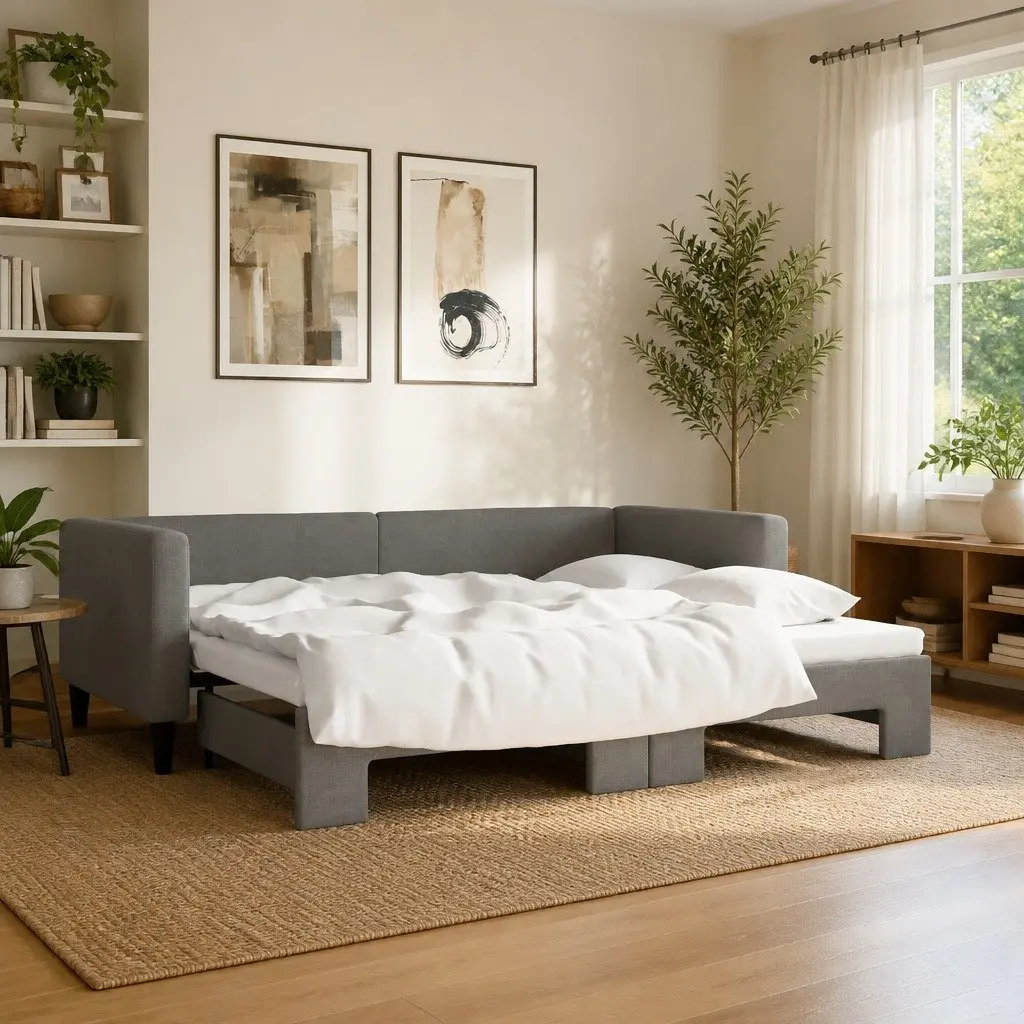Daybed with Trundle Grey 90x190 cm Convertible Sofa Bed Fabric Upholstery Wooden and Metal Frame