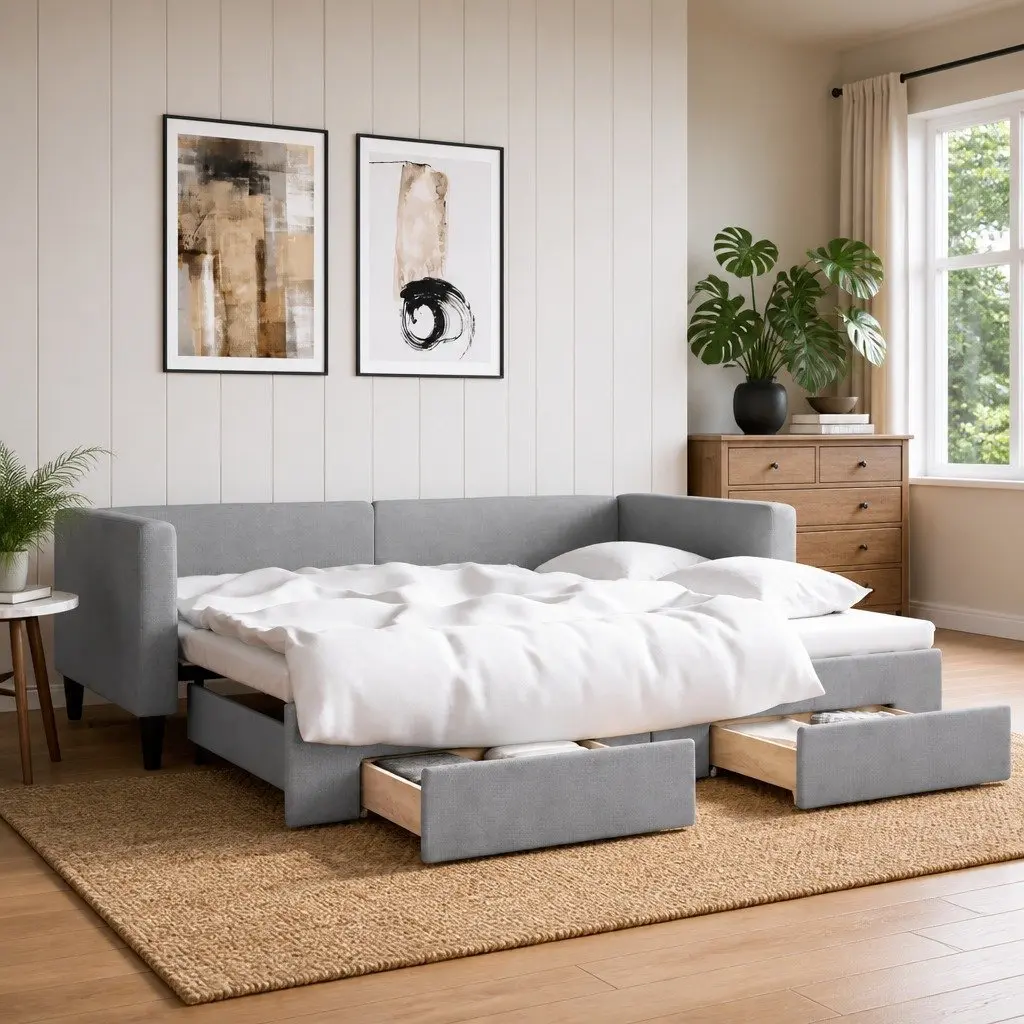 Daybed Grey 90x190cm Wood and Metal with Trundle and Storage Drawers