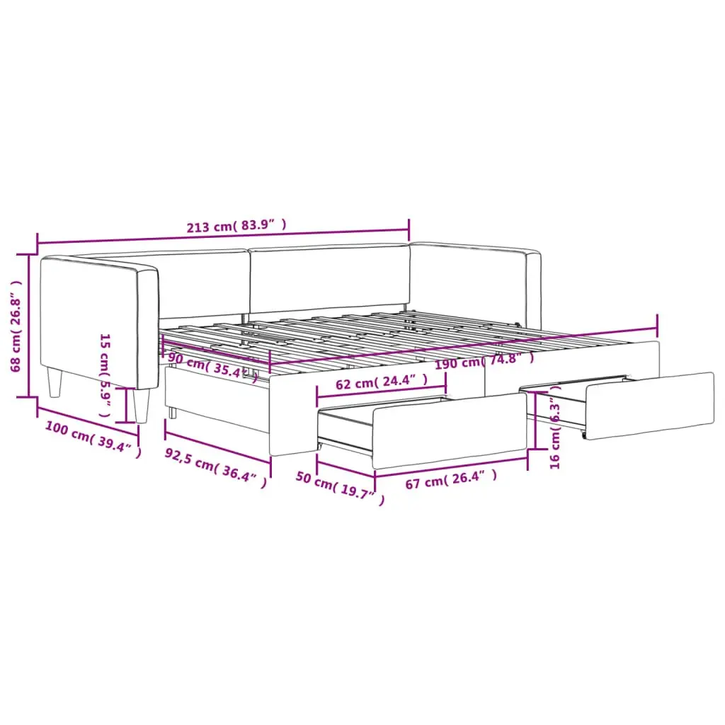 Daybed with Trundle Bed and Storage Drawers Grey 90x190cm Wood and Metal Frame