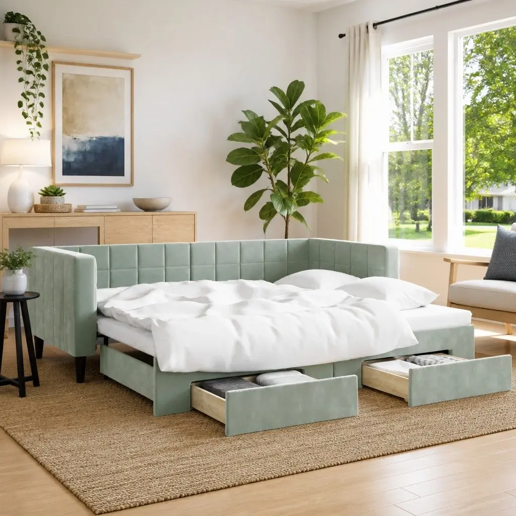 Daybed with Trundle and Storage Drawers Grey 90x190 cm Wood and Metal Velvet