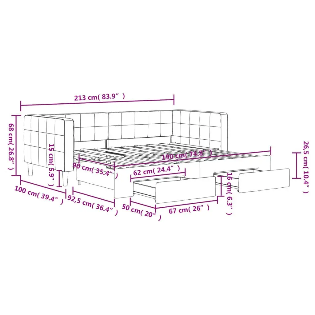 Daybed with Trundle and Storage Drawers Grey 90x190 cm Wood and Metal Velvet