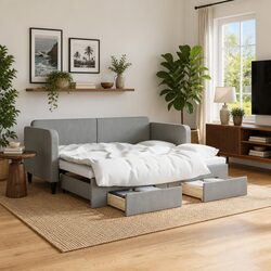 Grey Daybed with Trundle and Storage Drawers for Guests