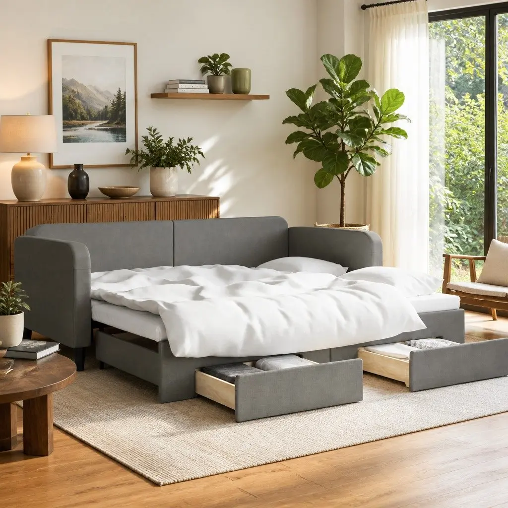 Daybed Grey Sofa Bed with Trundle and Storage Drawers Wood and Metal 90 x 190 cm Fabric