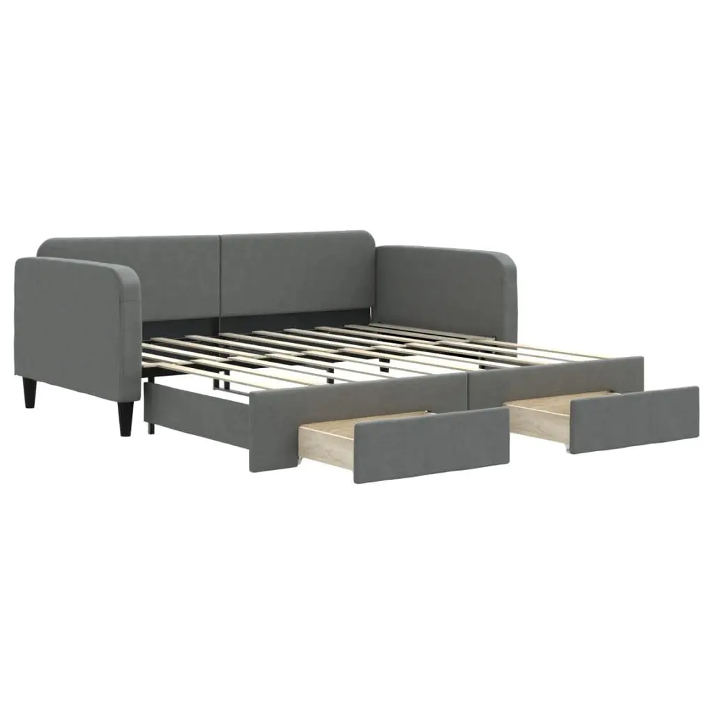 Daybed Grey Sofa Bed with Trundle and Storage Drawers Wood and Metal 90 x 190 cm Fabric