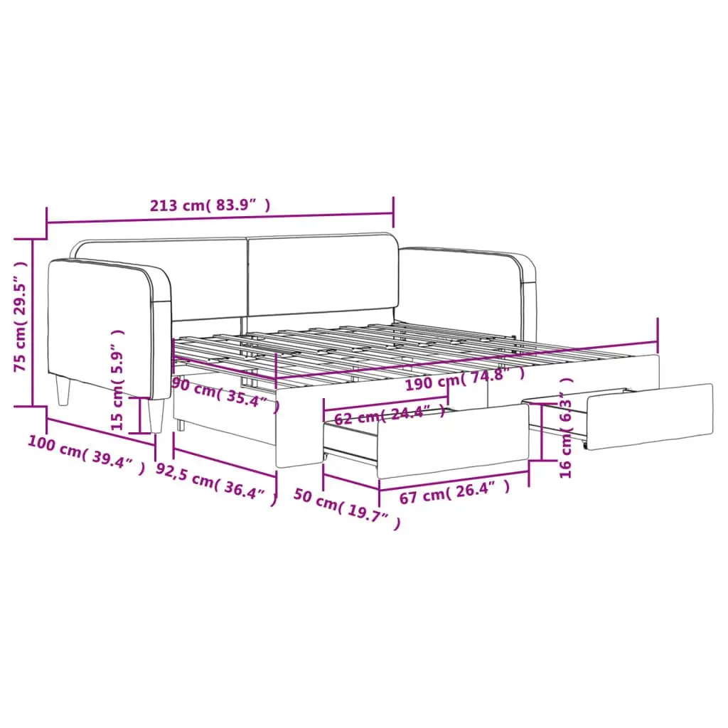 Daybed Grey Sofa Bed with Trundle and Storage Drawers Wood and Metal 90 x 190 cm Fabric