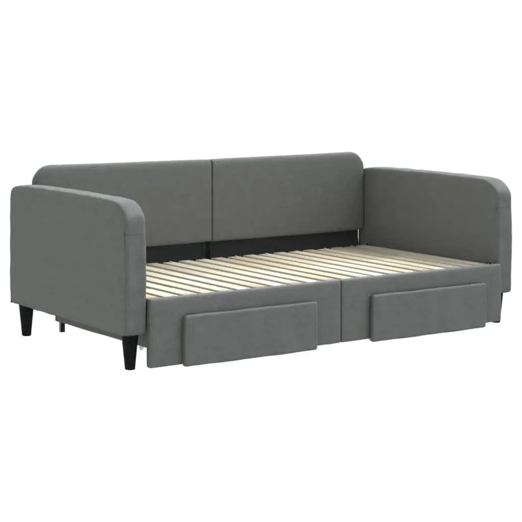 Daybed Grey Sofa Bed with Trundle and Storage Drawers Wood and Metal 90 x 190 cm Fabric