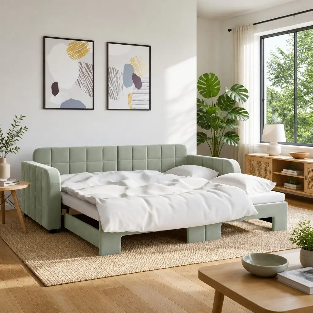 Daybed with Trundle Grey 90x190 cm Velvet Upholstery Wooden and Metal Frame