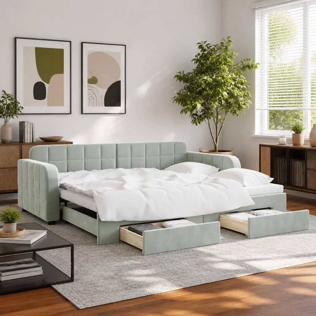 Daybed Sofa Bed Grey 90x190cm Velvet with Trundle and Storage Drawers