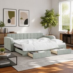 Grey Daybed with Trundle and Storage Drawers 90x190cm