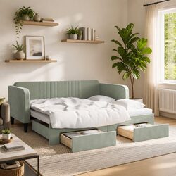 Grey Daybed with Trundle and Storage Drawers 90x190 cm