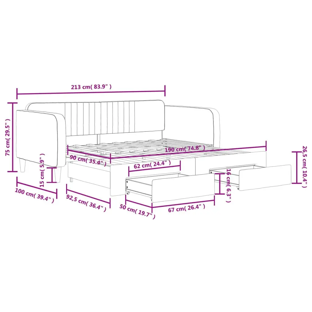 Daybed with Trundle and Drawers Storage Sofa Bed Grey 90x190 cm Velvet Wood Metal