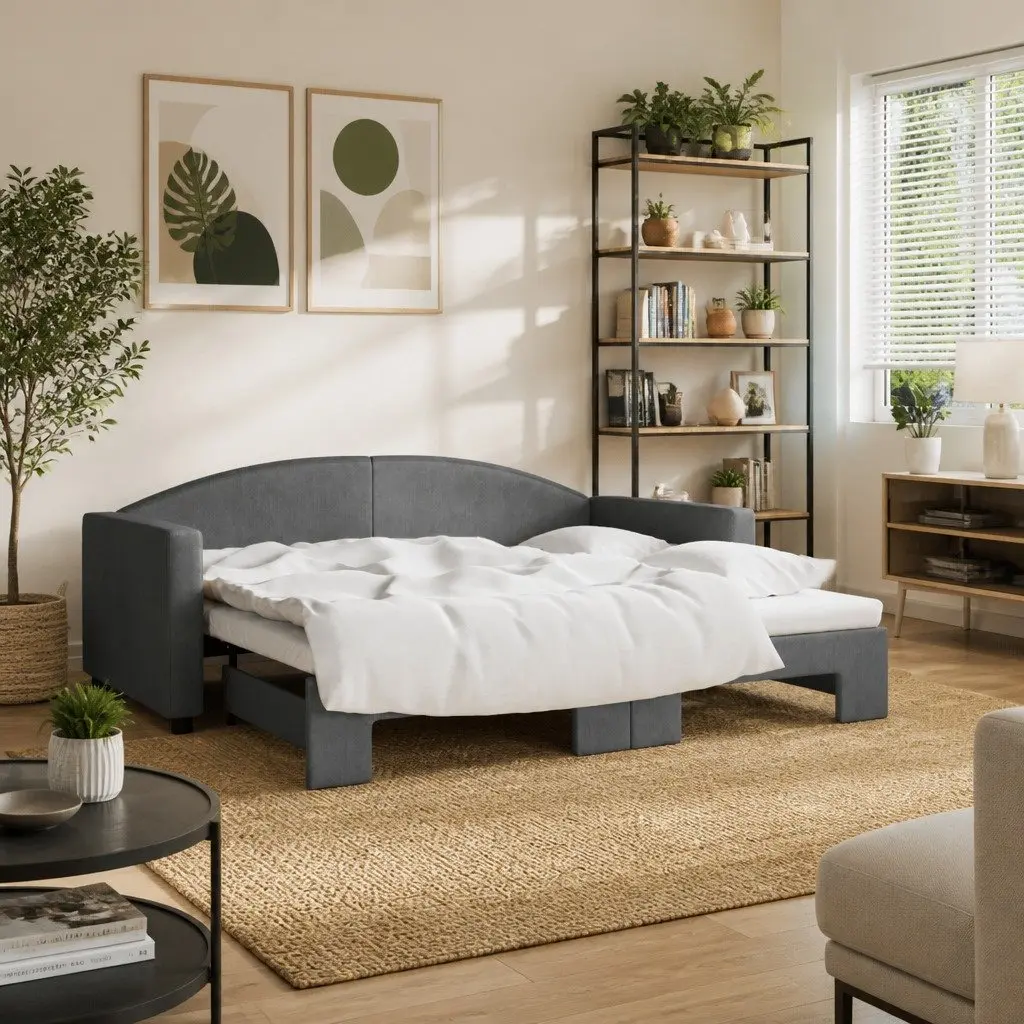 Daybed with Trundle Modern Grey 90x190 cm Wood and Metal Frame