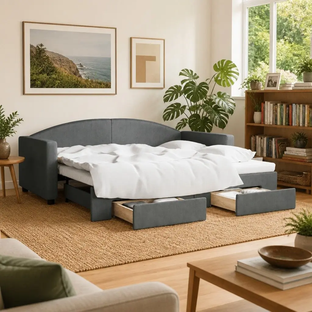 Daybed with Trundle and Storage Drawers Grey Wood and Metal Fabric 90x190 cm