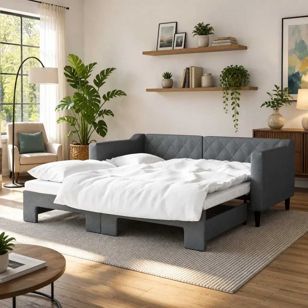 Daybed Sofa Bed Grey Modern Style 90x190cm Wood and Metal Frame with Trundle
