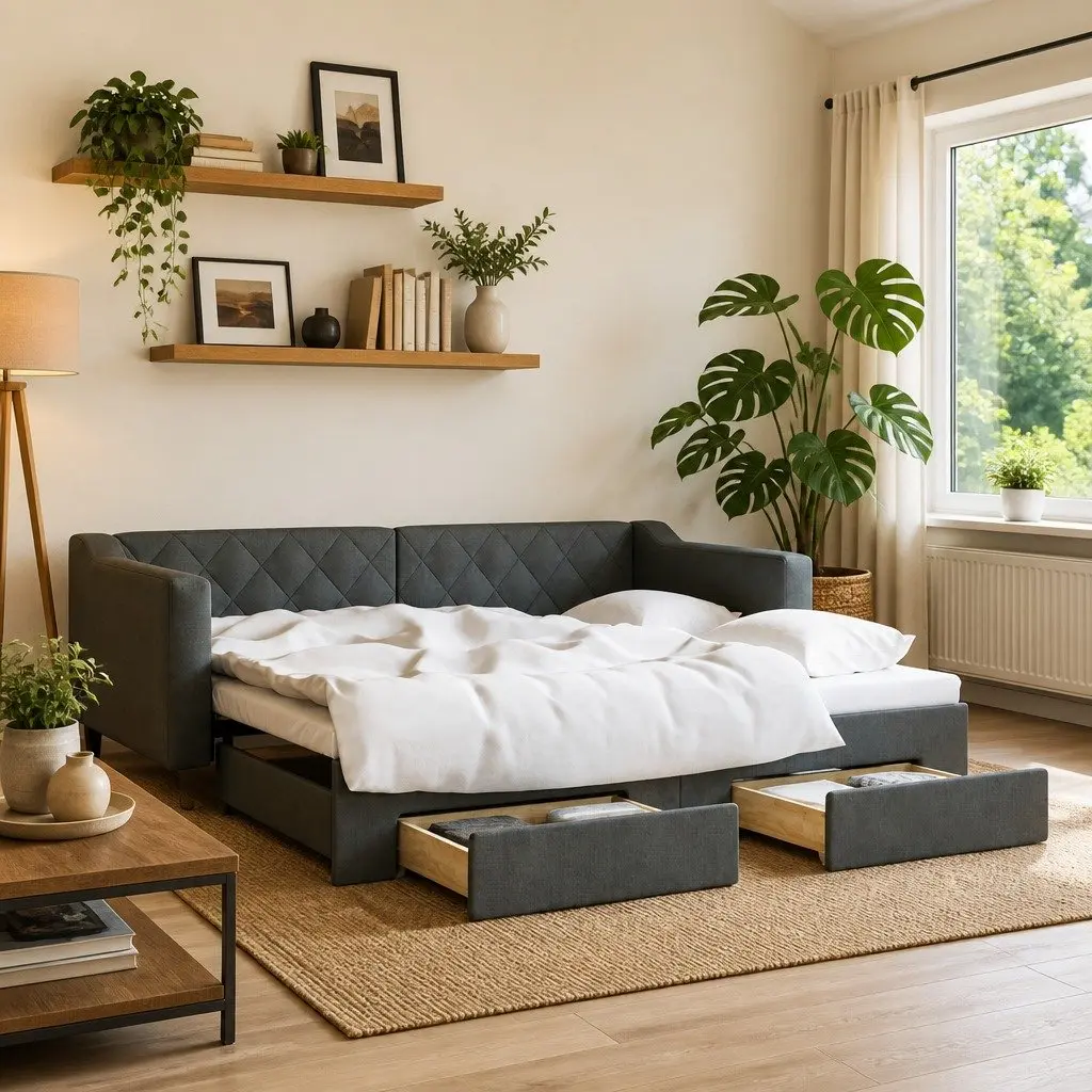 Daybed with Trundle and Storage Drawers Grey 90x190 cm Wood and Metal Frame Upholstered in Fabric