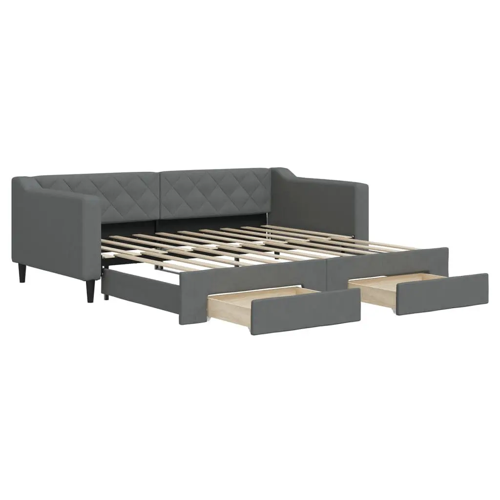 Daybed with Trundle and Storage Drawers Grey 90x190 cm Wood and Metal Frame Upholstered in Fabric