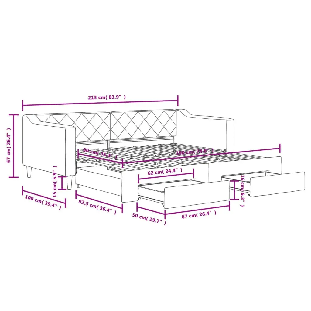 Daybed with Trundle and Storage Drawers Grey 90x190 cm Wood and Metal Frame Upholstered in Fabric
