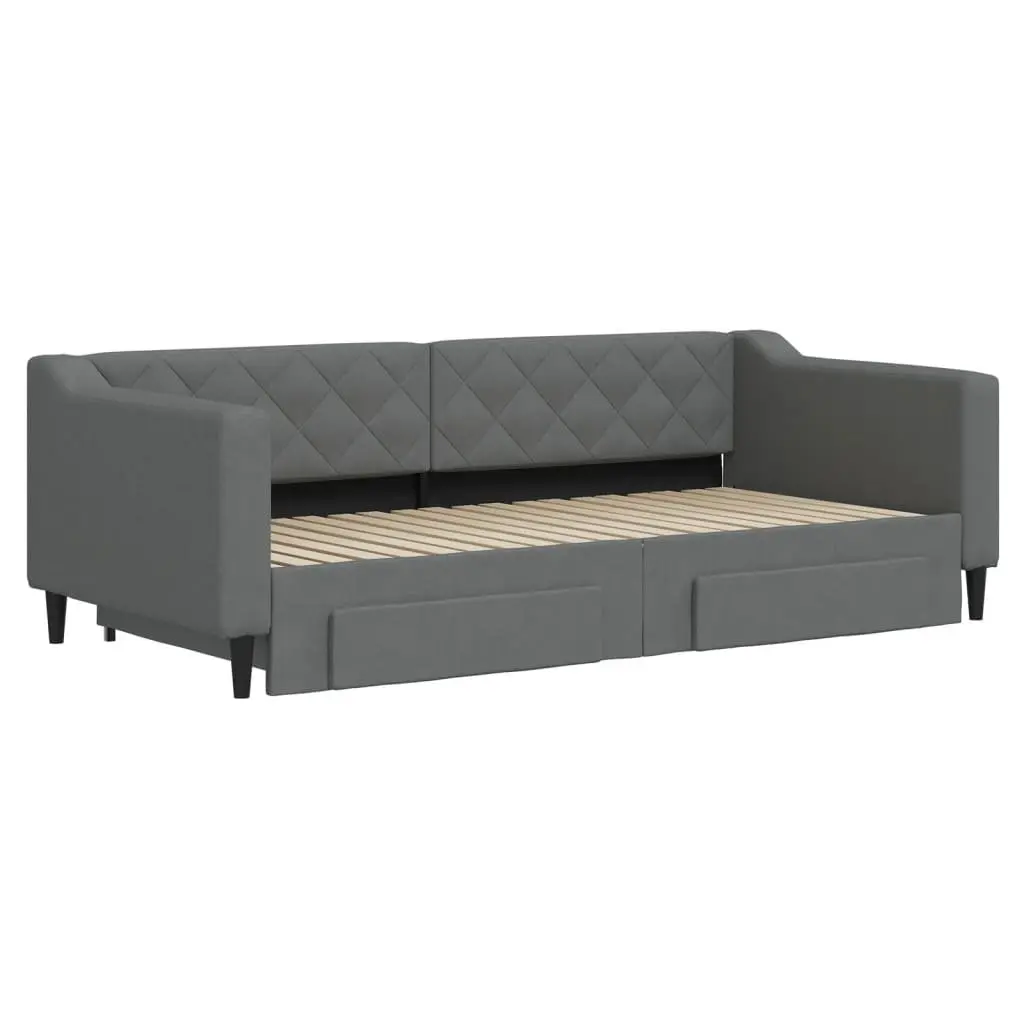 Daybed with Trundle and Storage Drawers Grey 90x190 cm Wood and Metal Frame Upholstered in Fabric
