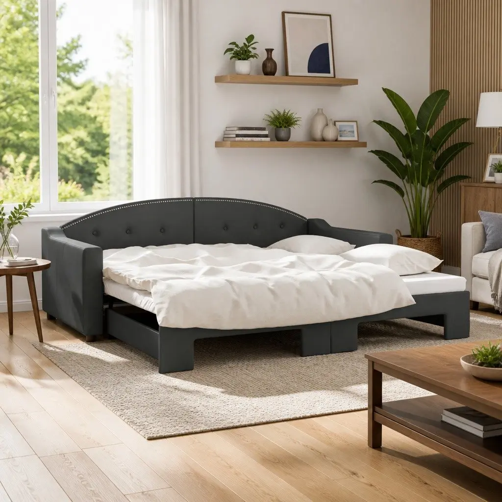 Daybed with Trundle Grey 90x190 cm Convertible Sofa Bed Fabric Upholstery Wood and Metal Frame