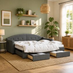 Grey Daybed with Trundle and Storage Drawers 90x190 cm