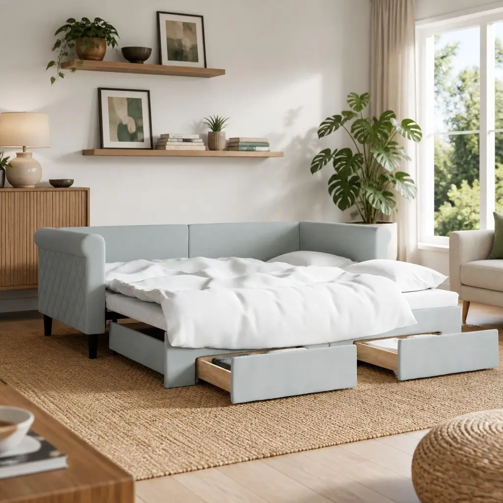 Daybed with Trundle and Storage Drawers Grey 90x190 cm Velvet Wood and Metal Frame