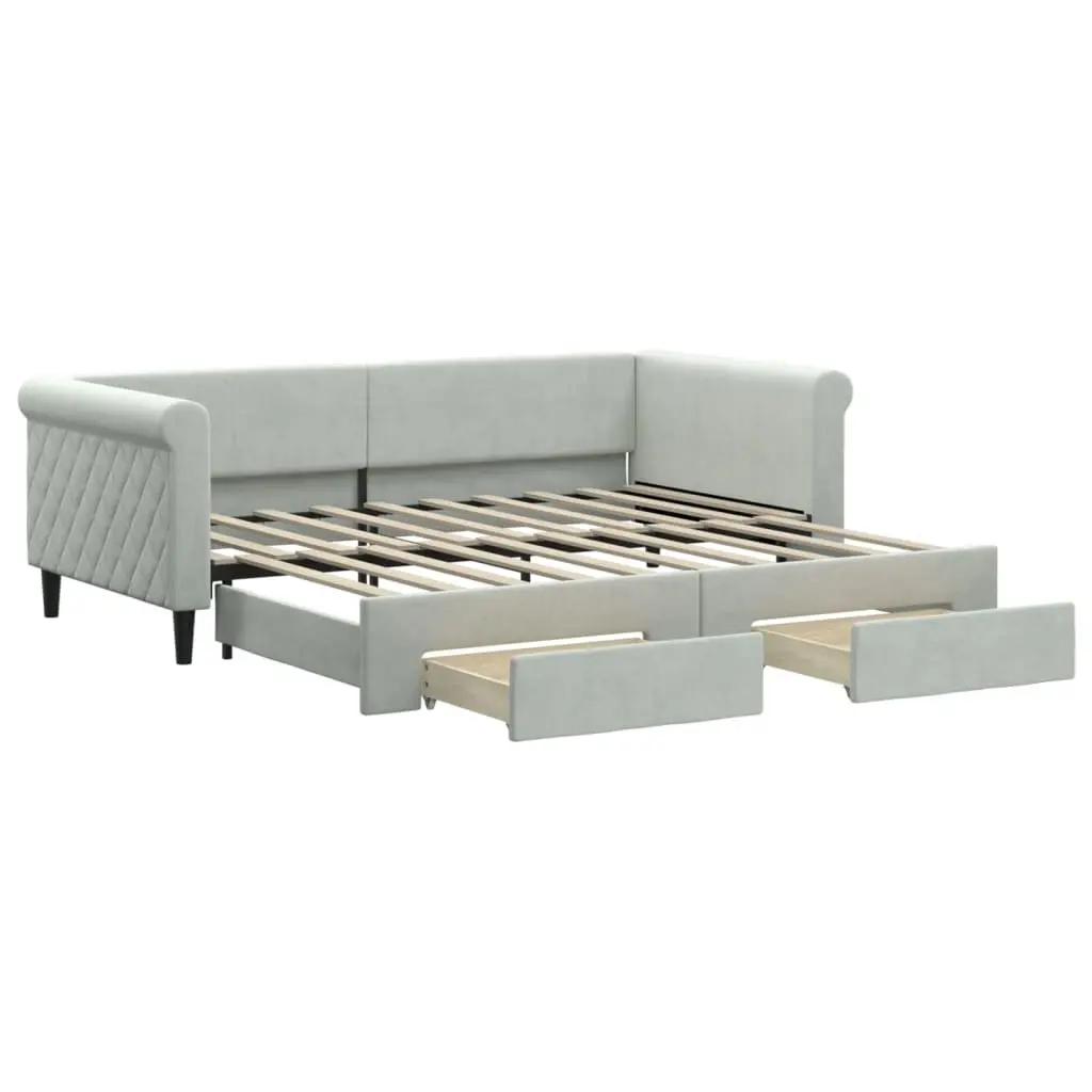 Daybed with Trundle and Storage Drawers Grey 90x190 cm Velvet Wood and Metal Frame
