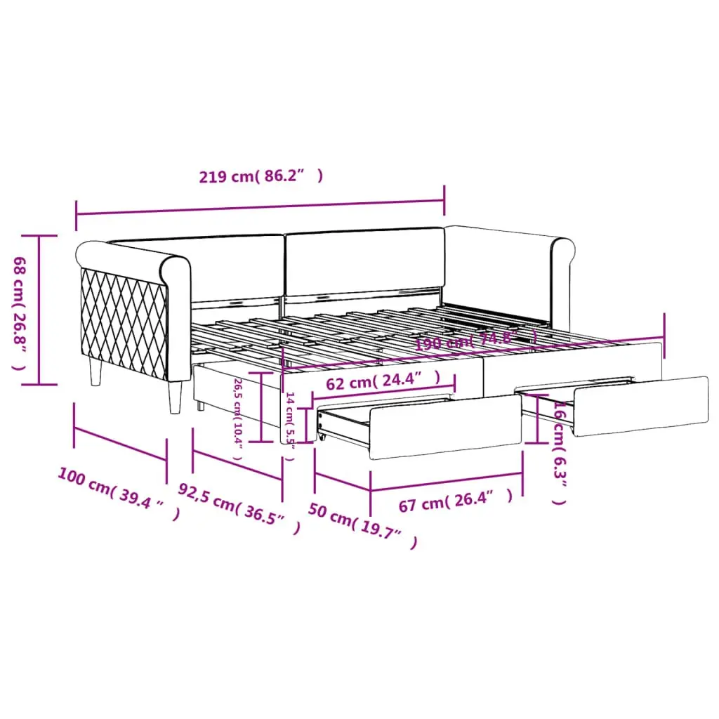 Daybed with Trundle and Storage Drawers Grey 90x190 cm Velvet Wood and Metal Frame
