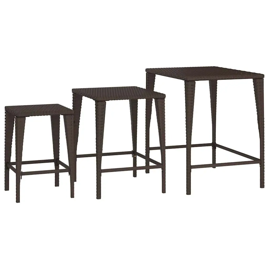 Nesting Tables Set Brown 3 Pieces PE Rattan Powder-coated Steel Frame
