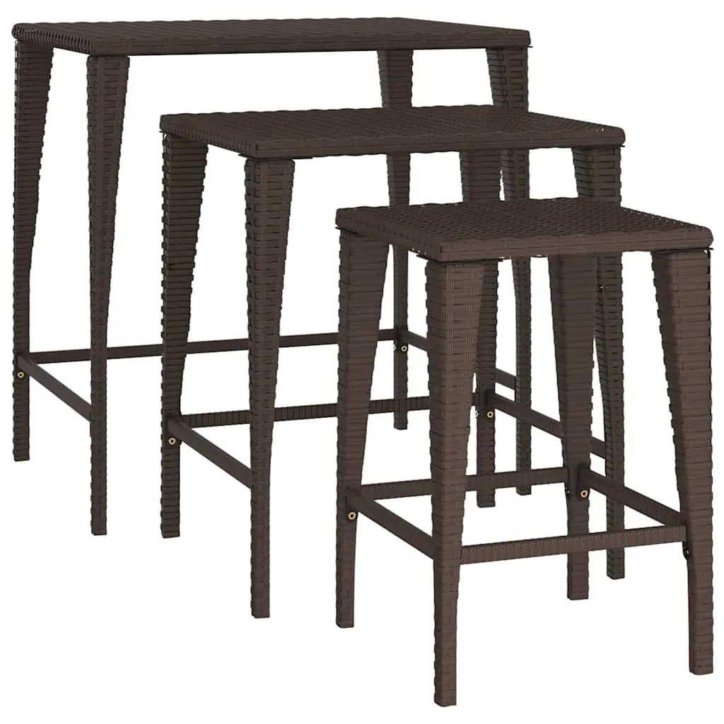 Nesting Tables Set Brown 3 Pieces PE Rattan Powder-coated Steel Frame