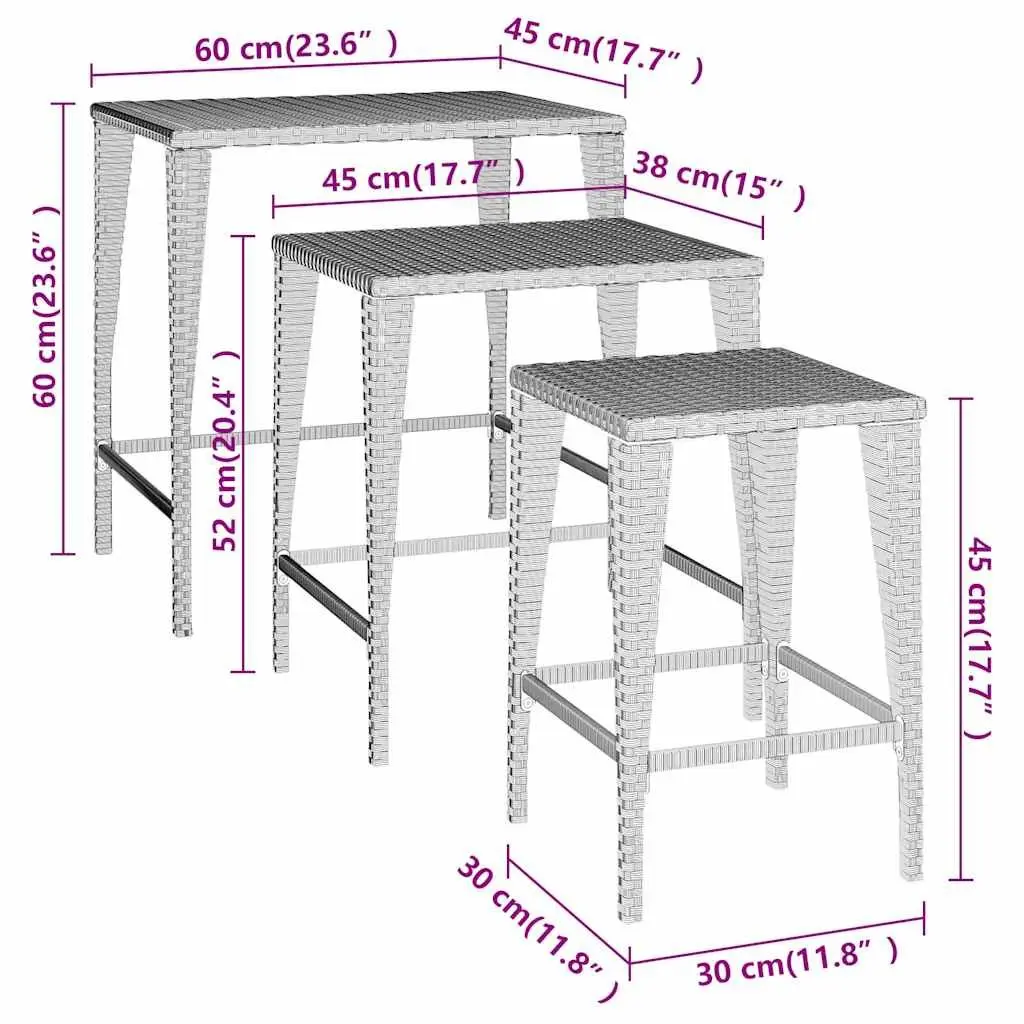 Nesting Tables Set Brown 3 Pieces PE Rattan Powder-coated Steel Frame