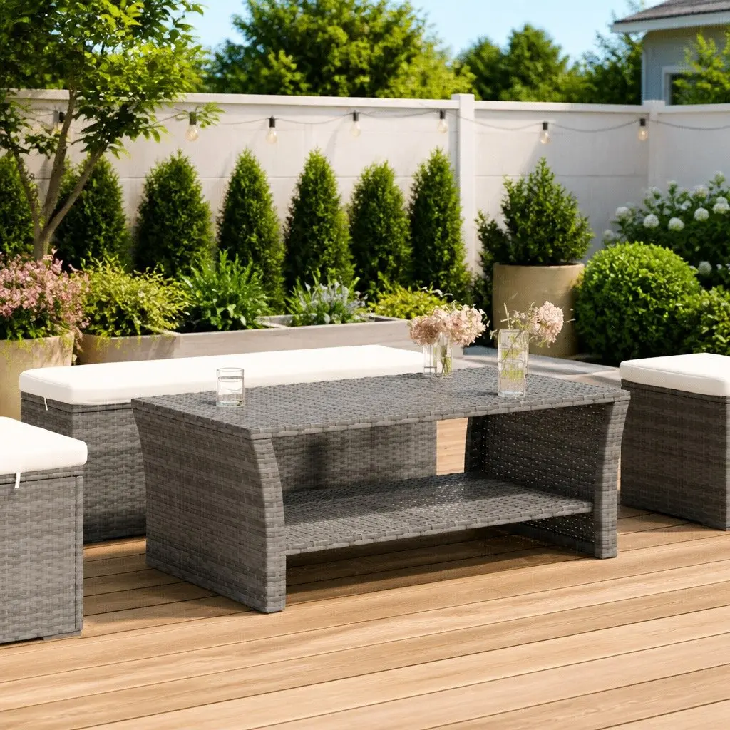 Grey Outdoor Coffee Table with Storage Shelf