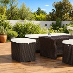 Brown Poly Rattan Ottoman Footrest with Cushion