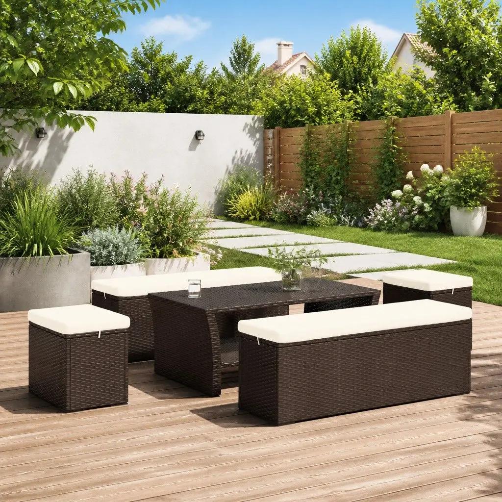 Outdoor Ottomans with Cushions 2 pcs Brown Poly Rattan Footrest Garden Seating
