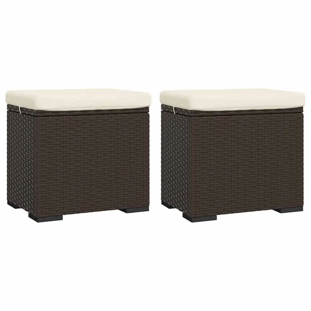 Outdoor Ottomans with Cushions 2 pcs Brown Poly Rattan Footrest Garden Seating