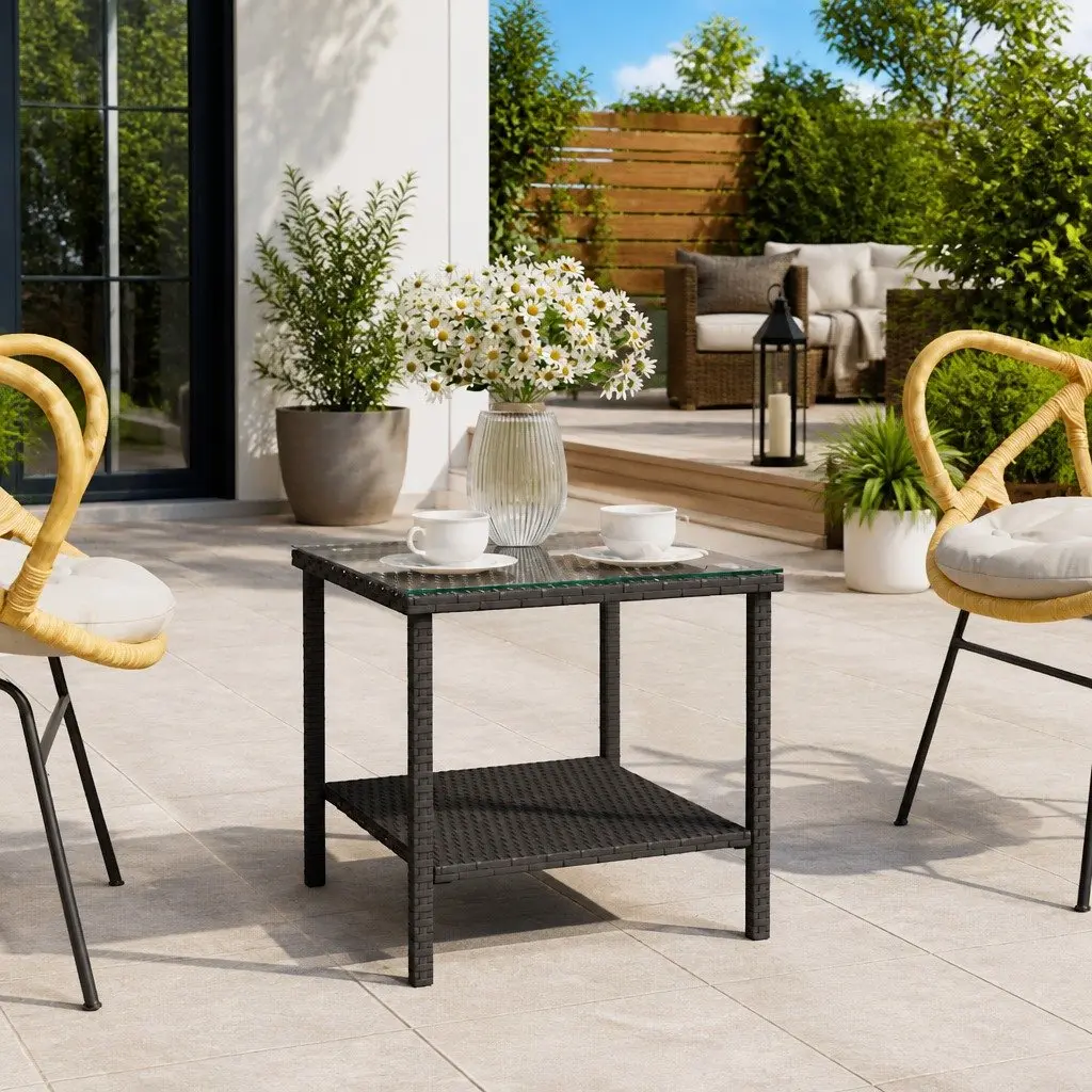 Side Table Black 45x45x45cm Poly Rattan Tempered Glass Top