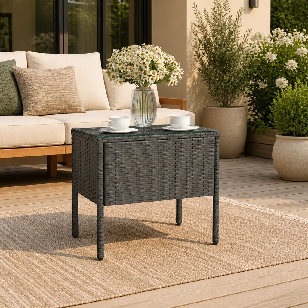 Black Rattan Accent Side Table 53x37x48cm Tempered Glass Indoor Outdoor