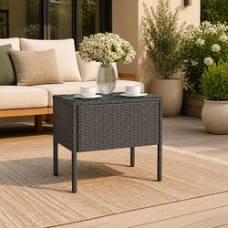 Black Rattan Glass Accent Side Table 53x37x48cm