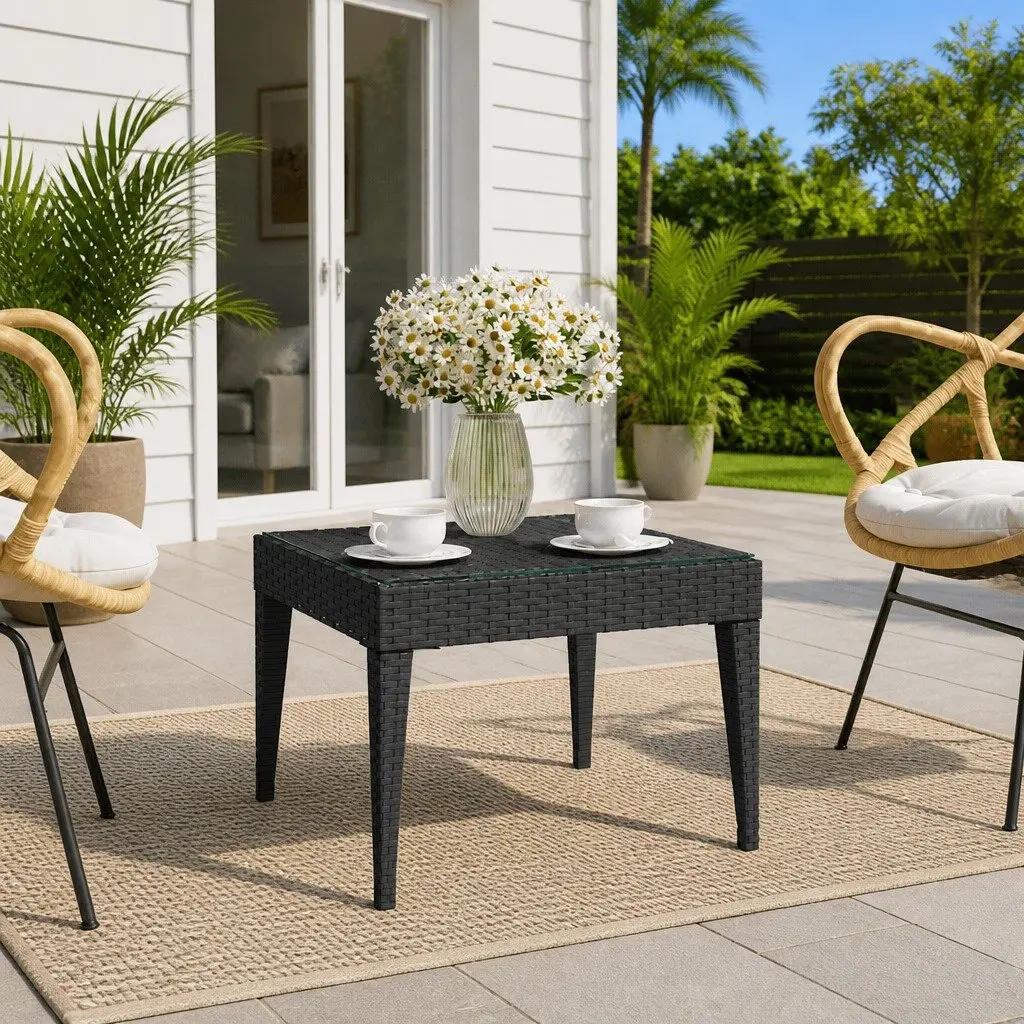 Side Table Black 50x50x38 cm Poly Rattan Tempered Glass Indoor Outdoor Accent