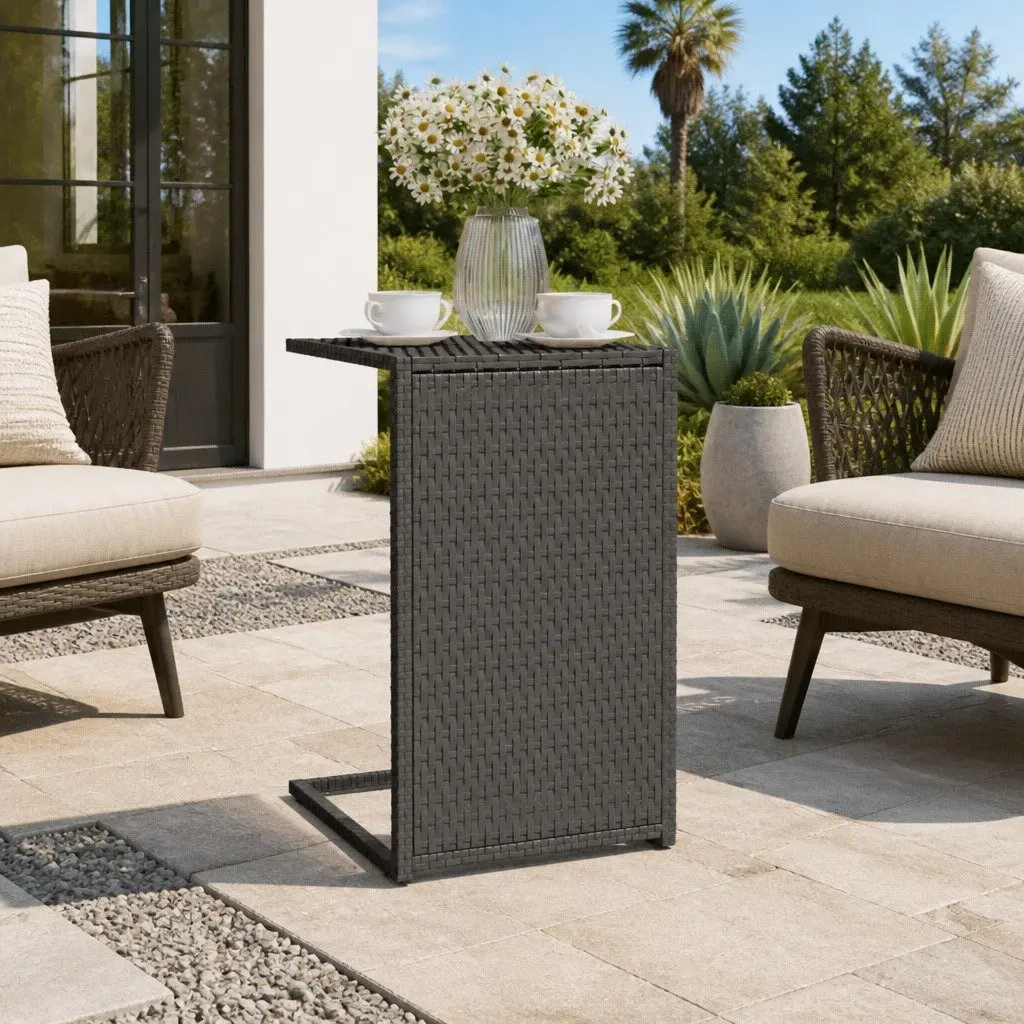 C Shaped Side Table Black 40 x 35 x 60 cm PE Rattan Weather Resistant Accent End Table