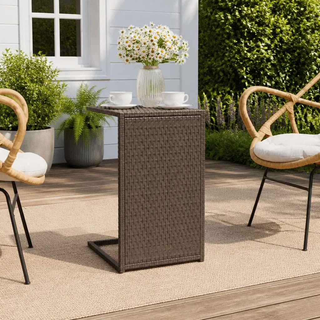 C Table Brown 40x35x60cm PE Rattan Powder-coated Steel Accent End Table Side Sofa Bedside Living Room