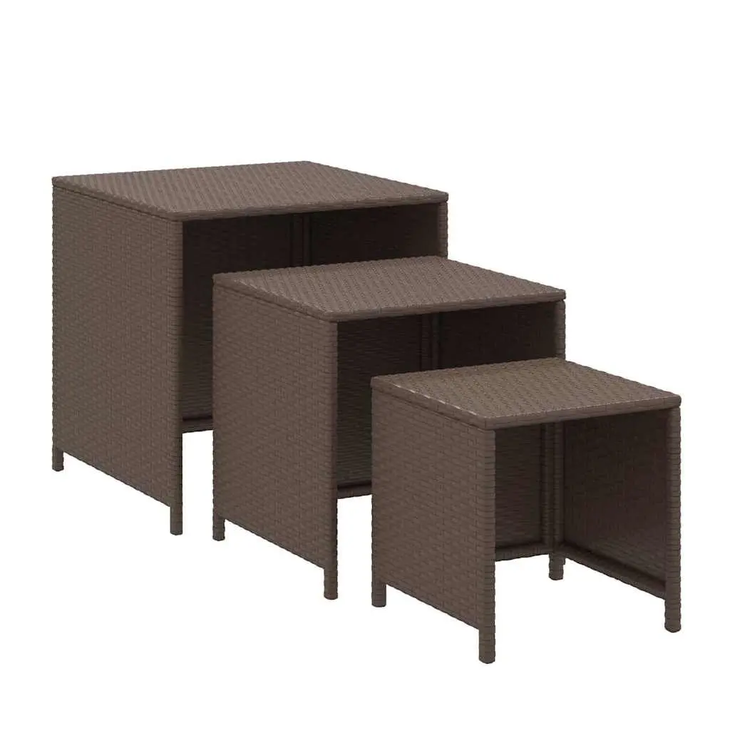 Nesting Tables Set Brown 3 Piece PE Rattan with Powder Coated Steel Frame